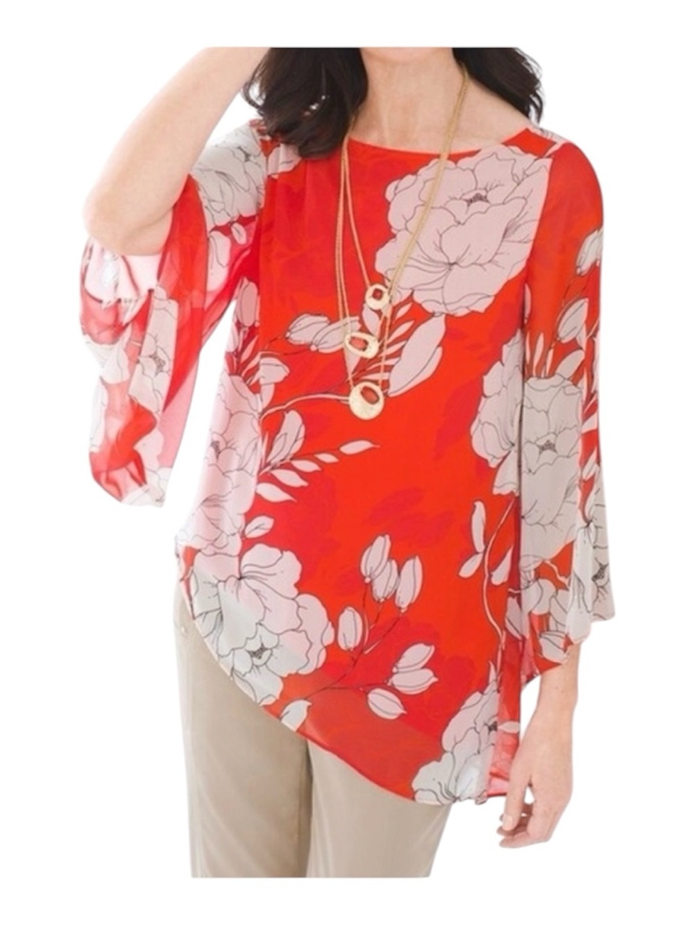 Chico’s Red Floral Asymmetric Chiffon Women's Top